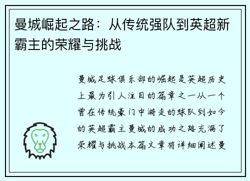 曼城崛起之路：从传统强队到英超新霸主的荣耀与挑战