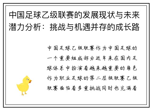 中国足球乙级联赛的发展现状与未来潜力分析：挑战与机遇并存的成长路径