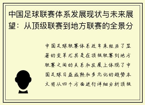 中国足球联赛体系发展现状与未来展望：从顶级联赛到地方联赛的全景分析