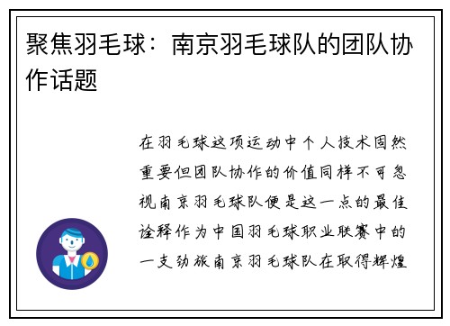 聚焦羽毛球：南京羽毛球队的团队协作话题