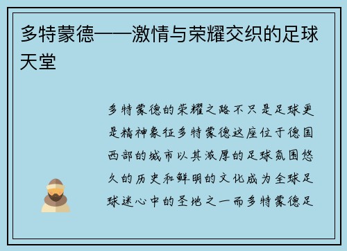 多特蒙德——激情与荣耀交织的足球天堂